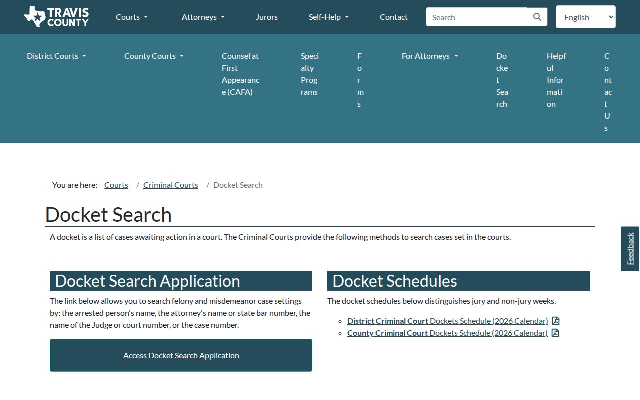 Travis County criminal court docket search choices