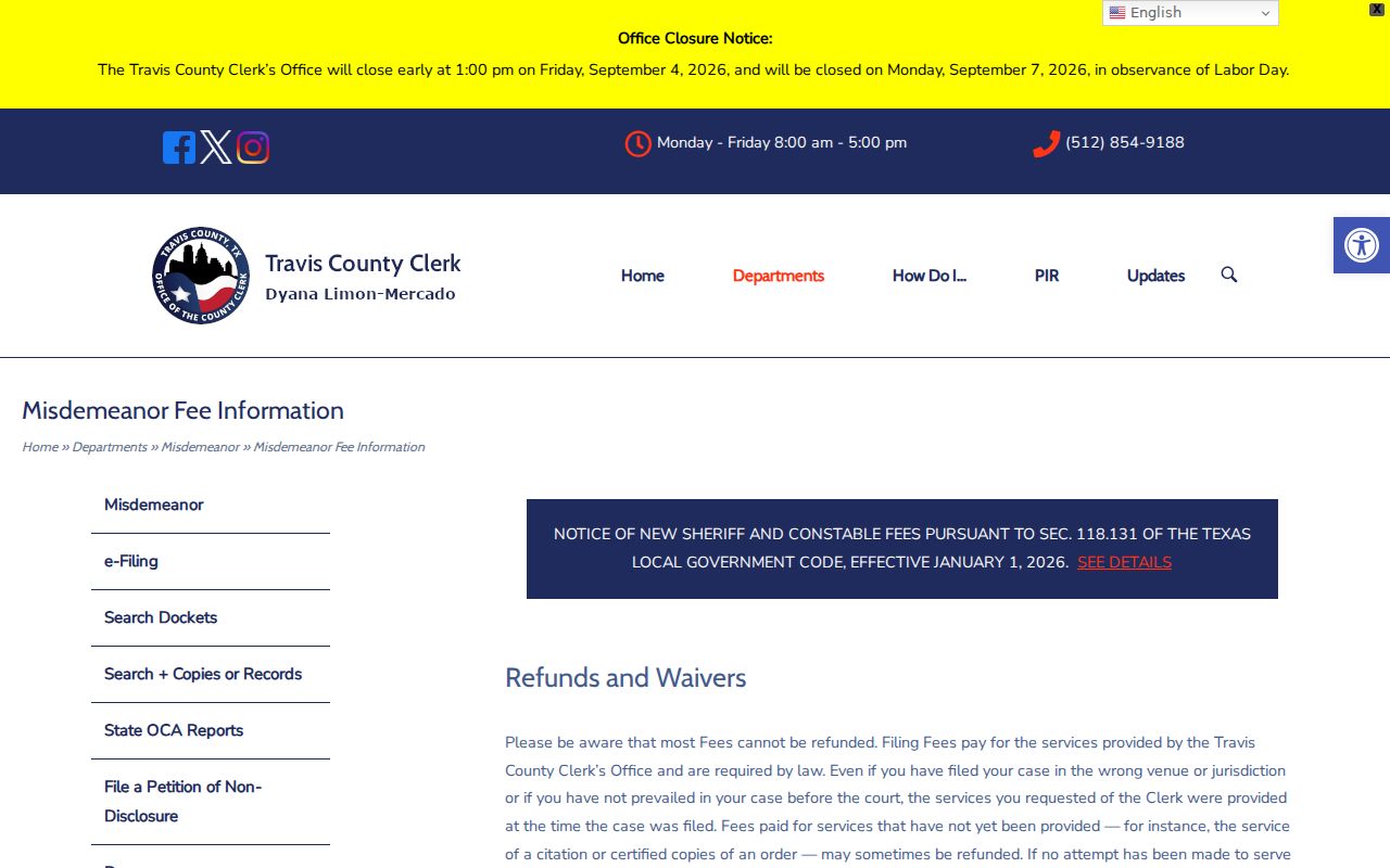 Travis County court records misdemeanor copy fee table