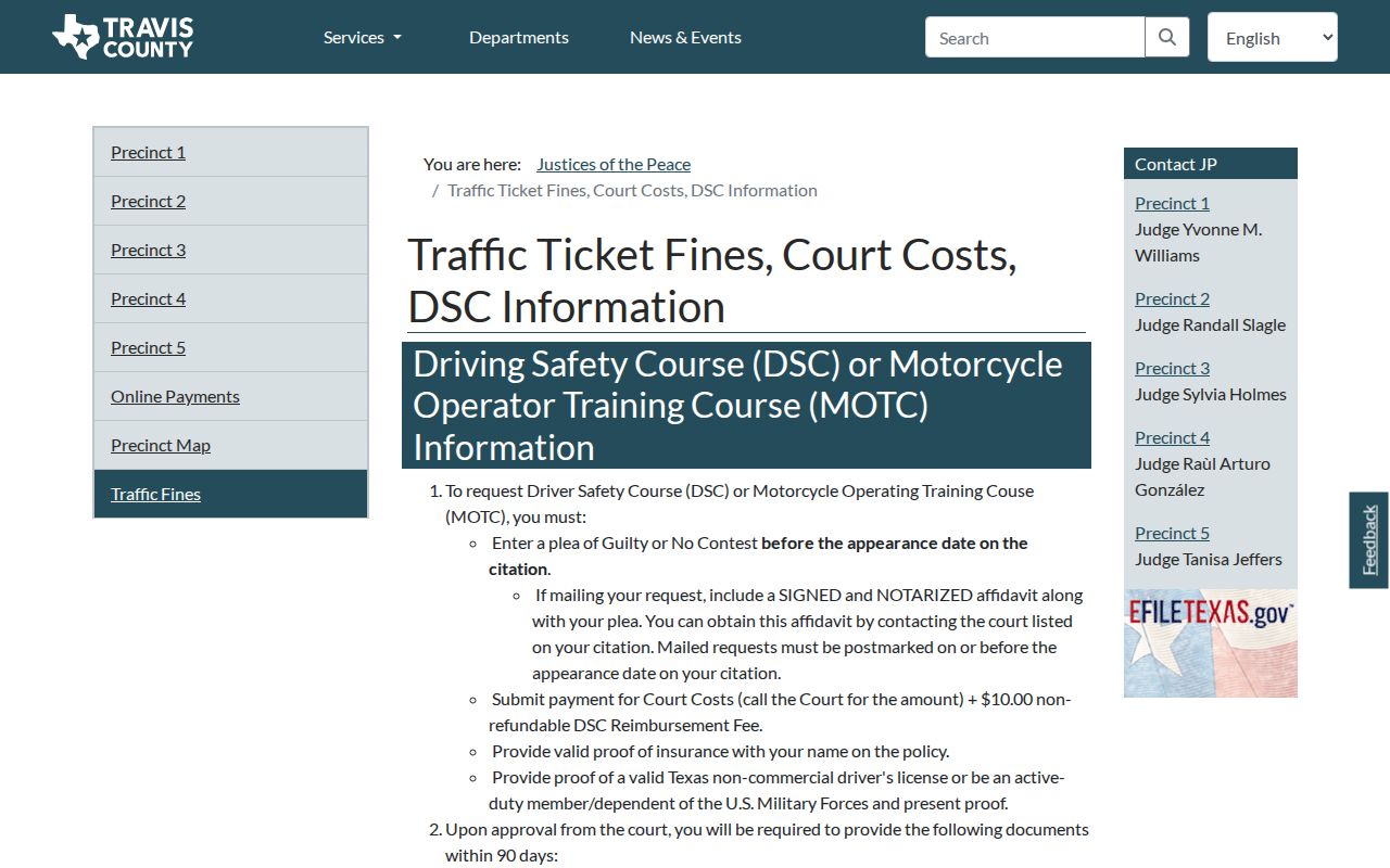 Travis County traffic court records JP precinct contacts and costs