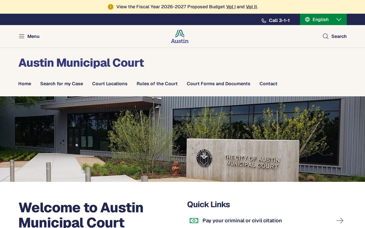 Austin Municipal Court page showing locations, service hours, and court information