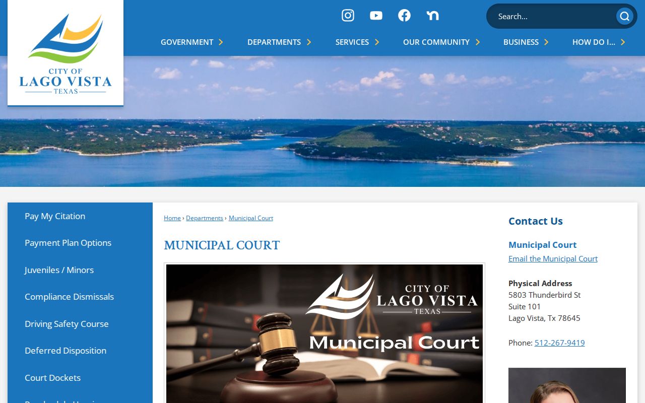 Lago Vista Municipal Court of Record page with staff, hours, and payment options