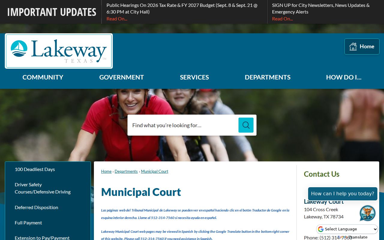 Lakeway Municipal Court page with Justice Center address, telephone, hours, and services