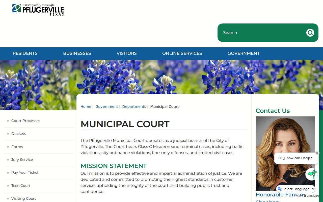 Pflugerville Municipal Court menu with dockets, forms, payment, and youth program links