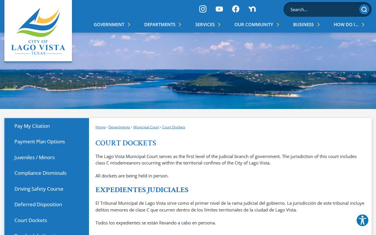 Lago Vista Court Dockets page stating that municipal dockets are held in person
